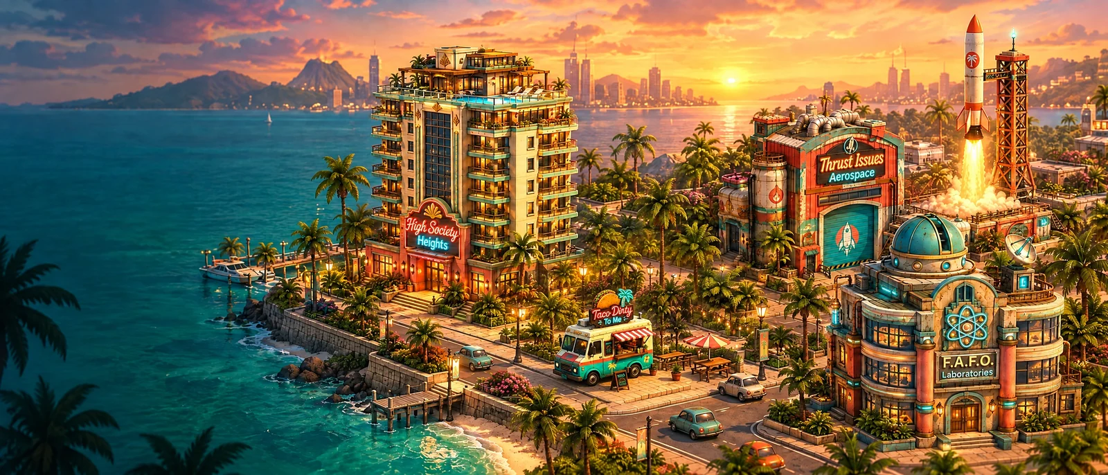 A tropical waterfront city at sunset, with High Society Heights, Taco Dirty To Me, FAFO Laboratories and a rocket launching from Thrust Issues Aerospace.