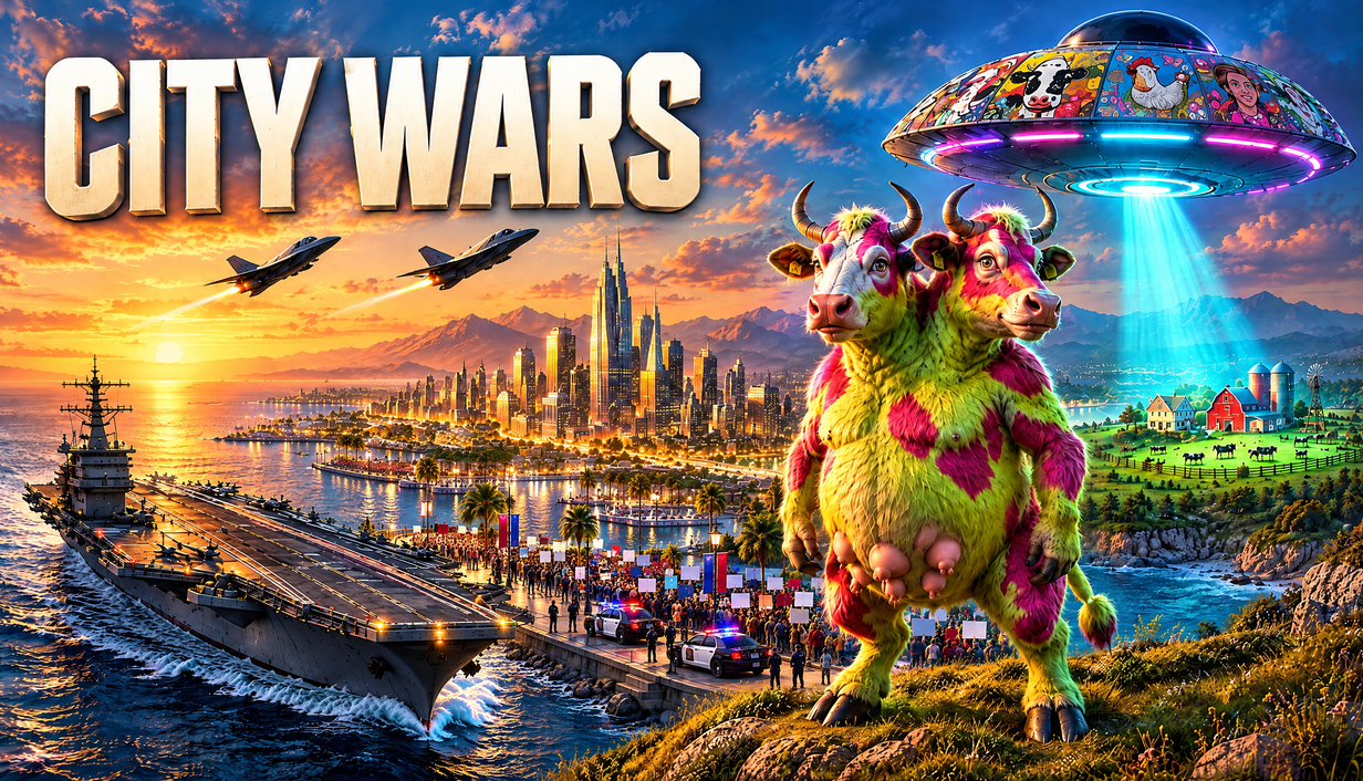 City Wars promotional illustration: a waterfront city, protests, aircraft carrier, colorful mutant cow and illuminated saucer.