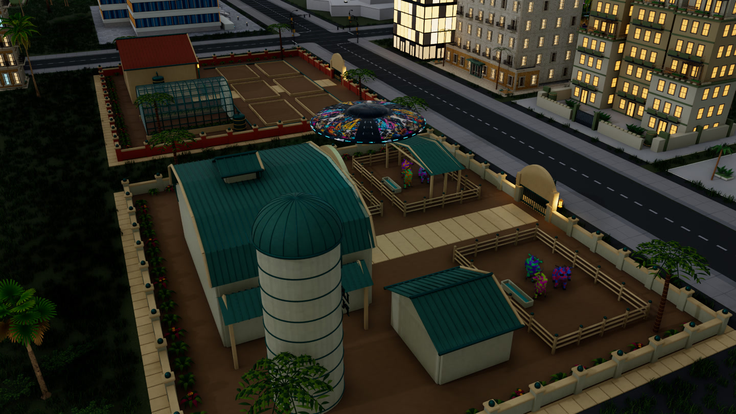 Current mutant cows and painted saucer above a city farm